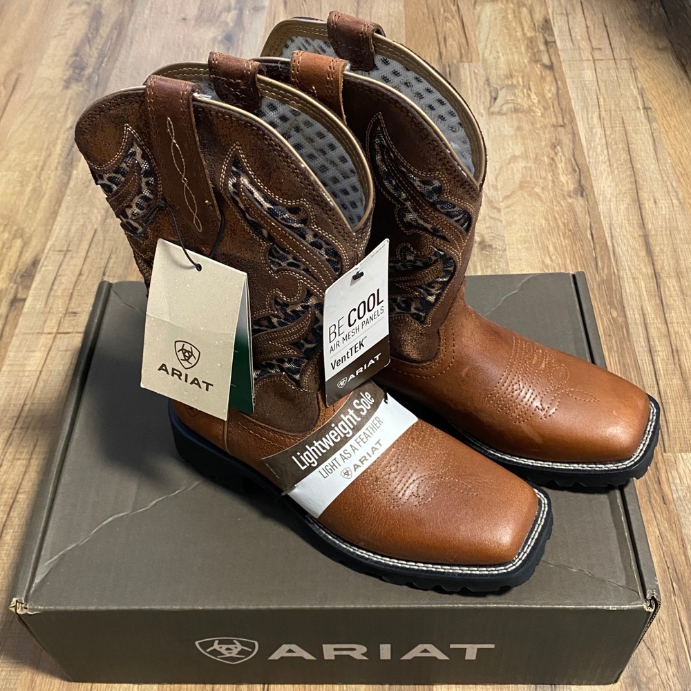 Ariat Unbridled Rancher VentTek Brown Leopard Leather Western Boots Womens 6B
